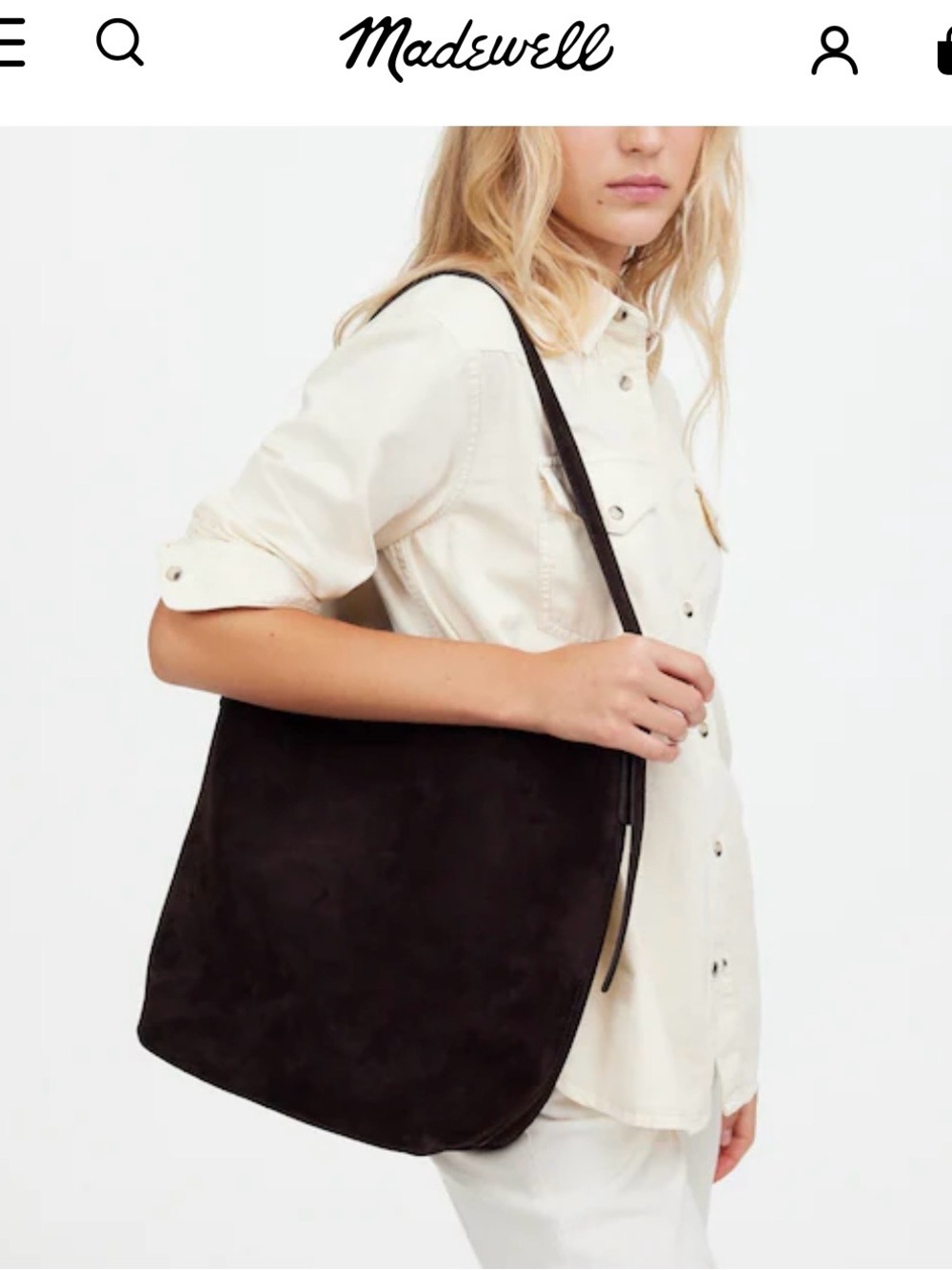 Madewell Essential Bucket Tote in Dark Brown Suede Shoulder Bag with Gold Buckle